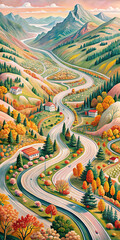 Obraz premium A breathtaking landscape showing mountains, valleys, and a curving road stretching through vibrant autumn foliage.