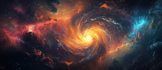Fototapeta premium A vibrant swirling galaxy with red, orange, and blue nebulae against a dark background of stars.