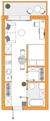 Apartment floor plan. Architecture micro studio plan of condominium, flat, house. Interior design of kitchen, living room, bedroom and bathroom. Furniture elements set. 2D top view
room layout. Vector