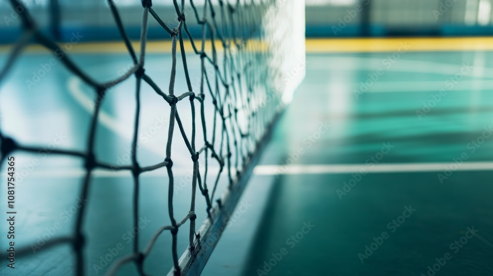 Poster a handball court's goal area with the floor markings and net texture, indoor setting with natural li