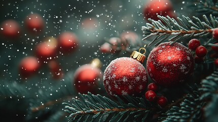 Bright red ornaments on evergreen branches with a snowy background: a festive winter scene for the Christmas and New Year season