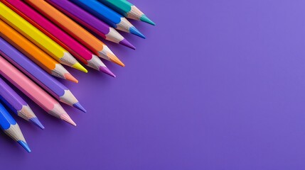 Pencils in multiple colors on a purple backdrop with space for writing