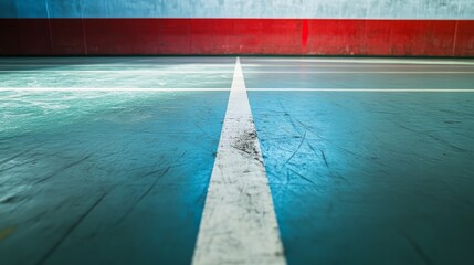 A handball court's penalty line with the floor texture and painted markings, indoor setting with ambient lighting, Crisp style
