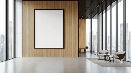 Large blank frame in a minimalist office with sleek furniture