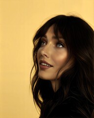 Fashion Beauty Portrait with Dark Hair Against Golden Yellow Background