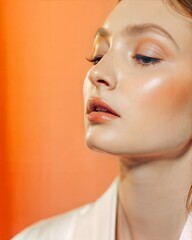 Elegant Beauty Portrait Against Warm Orange Background with Upward Gaze