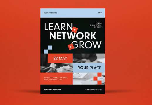 Orange Modern Utilitarian Learn, Network, Grow Flyer Layout