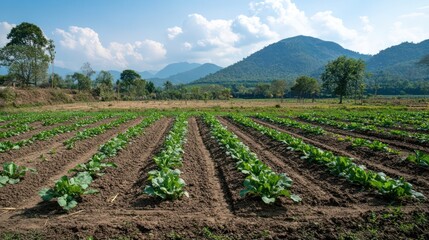 Climate-resilient farming techniques in use, fields designed for sustainability