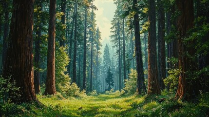 Obraz premium Sunbeams illuminate a path through a dense forest.