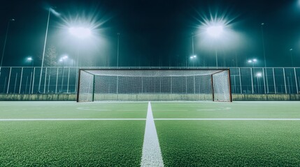 A hockey field's penalty area with the artificial turf and goal net, outdoor setting under floodlights, Precise style