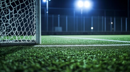 A hockey field's penalty area with the artificial turf and goal net, outdoor setting under floodlights, Precise style