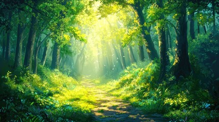 Naklejka premium Sunbeams illuminate a path through a lush, green forest.