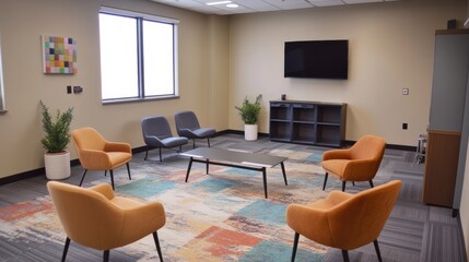 A cozy meeting room with a spacious layout, comfortable chairs, and a creative design, ideal for collaborative work in a corporate setting