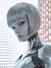 Humanoid High-tech Model, Sleek Silver with Colorful Neon Grid Backdrop in Cinematic Wide-Angle Portrait
