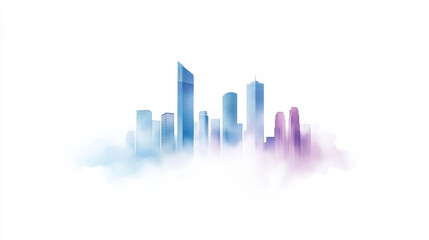 Fototapeta premium modern city skyline with tall buildings in blue and purple hues, emerging from soft mist, creating serene and artistic atmosphere