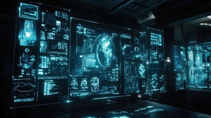 Obraz premium Floating holographic interfaces in a dark room