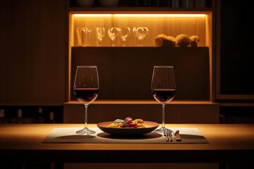 Elegant dinner setting with wine glasses and a colorful dish on a softly lit table.