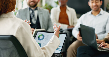 Laptop, hands and businesswoman in team meeting with data, financial analysis and leader planning. Computer, group and manager brainstorming stats for risk management or discussion in office workshop