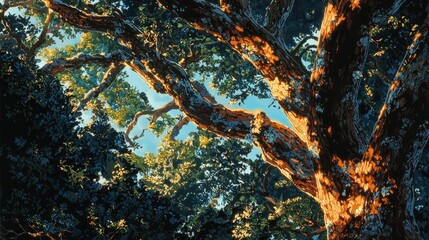 Sunlight filtering through the leaves of a large oak tree.