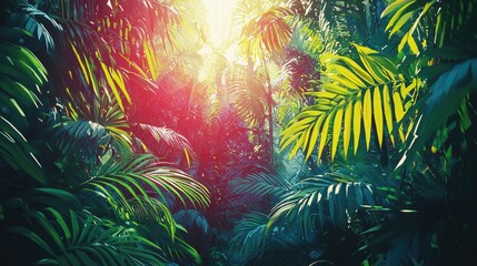 Fototapeta premium Sunlight shining through lush tropical foliage.