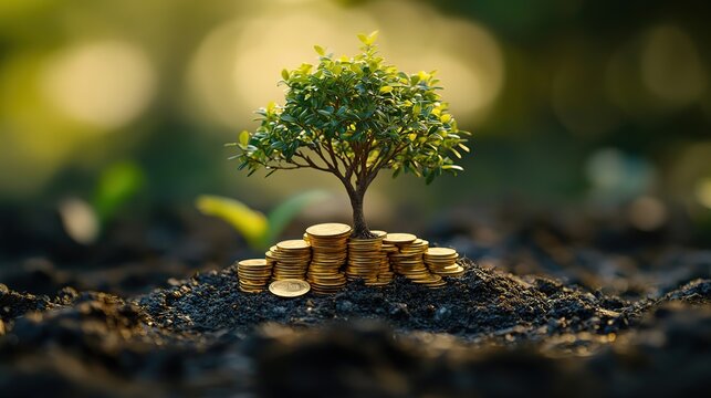 Home with stack gold coin and the tree with growing interest put on the top in the public park, Saving for buy house or loan for business investment with construction the real estate concept
