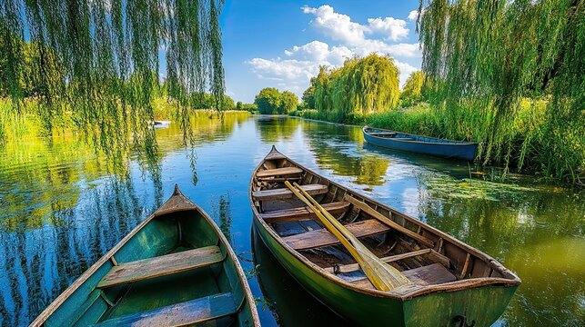 One of the navigable canals of the picturesque marshlands of the Regional Natural Park of the Marais Poitevin, with rowboats and weeping willows on the water 