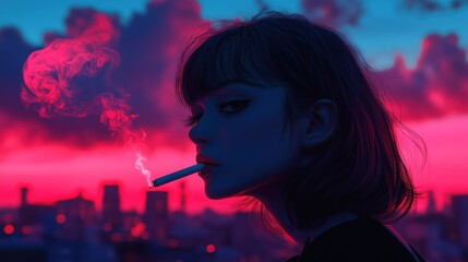 Obraz premium Vaporwave Girl smoking - Tokyo Neon Lights 
