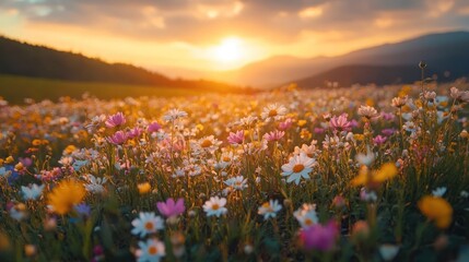 Fototapeta premium A vibrant field of wildflowers basks in the warm glow of a setting sun, with the silhouette of a mountain range in the background.