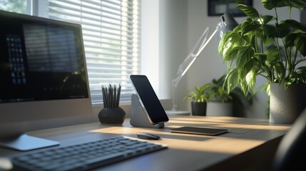 Modern Workspace Setup with Computer, Phone, and Green Plants for Productivity