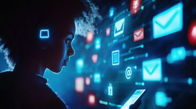 Professionals on a video call with chat and email icons overlay, symbolizing remote communication