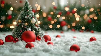 A festive atmosphere is created with a small Christmas tree adorned in ornaments, nestled in soft snow, illuminated by warm lights