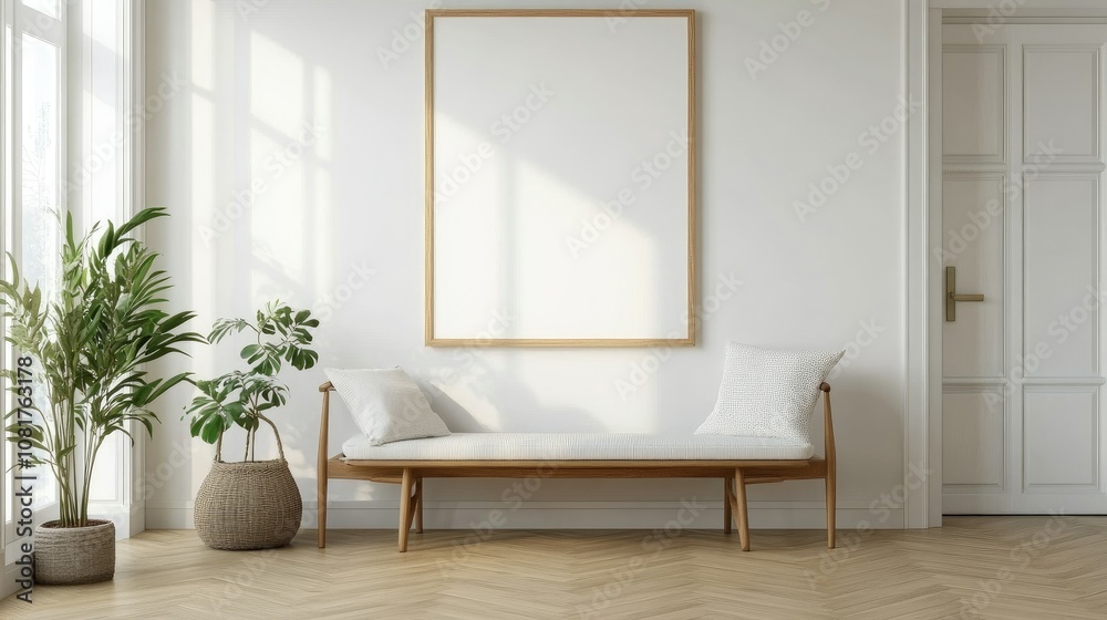 Poster blank wall frame above a simple bench in a scandinavian-style room