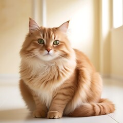 A Fluffy, Long-haired Ginger Cat Sitting Indoors