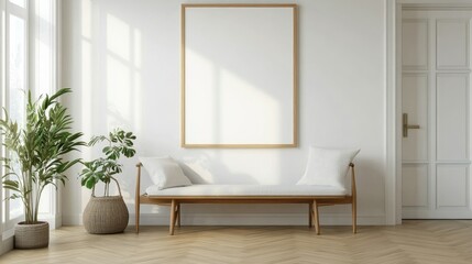 Blank wall frame above a simple bench in a Scandinavian-style room