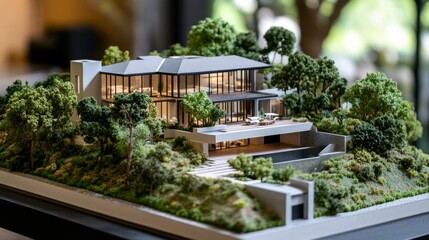 Fototapeta premium A custom house model designed for a luxury residential project, with attention to detail in both the architectural structure and landscaping