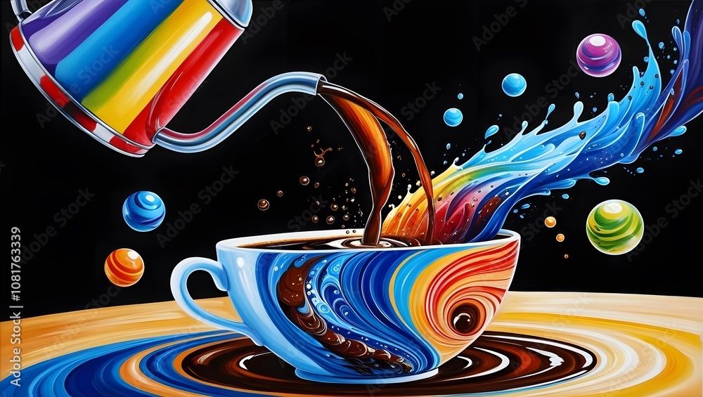 Poster creative coffee art abstract style colorful imagery indoor setting dynamic composition imagination