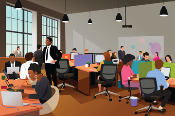 Business and Technology Office Workers Working Vector Illustration