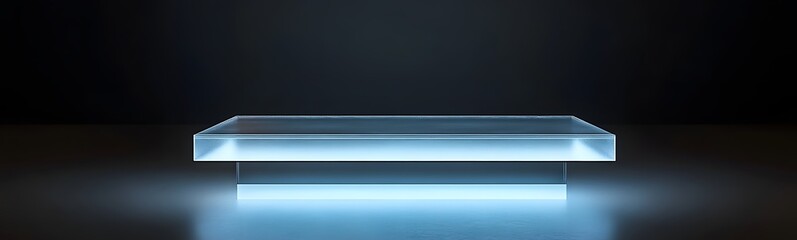 Fototapeta premium 63. A simple glass podium with a metallic base, illuminated softly from below, providing space for a product to be displayed.