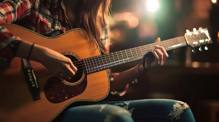 Fototapeta premium A Woman's Hand Playing an Acoustic Guitar