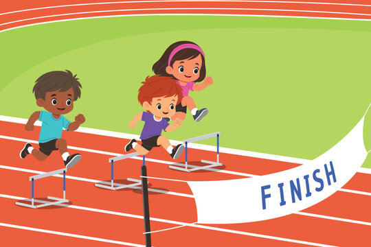 School Kids Racing on Hurdles Sprint Vector Illustration
