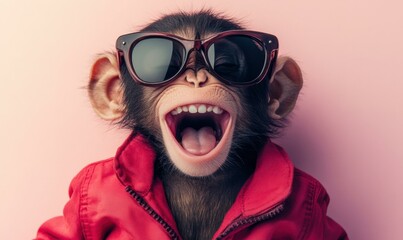 A chimpanzee wearing sunglasses and a red jacket laughs with its mouth wide open. AI.