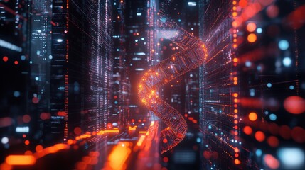 Obraz premium High-tech DNA model floating on digital grid background, symbolizing cutting-edge science