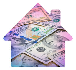 House-shaped collage of U.S. dollar bills with gradient overlay. Represents real estate investment, mortgage, and financial stability.