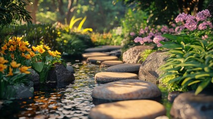 A serene garden path with smooth stones beside a gentle stream and vibrant flowers, creating a tranquil outdoor escape.
