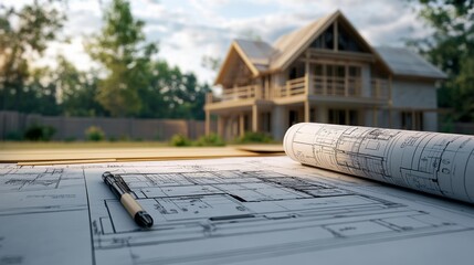 A detailed architectural design for a housing project, showcasing blueprints, engineering plans, and project management documents for home construction