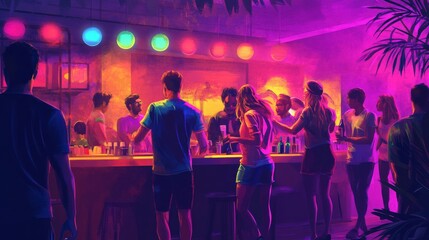 A group of people socialize and enjoy drinks at a lively bar, illuminated by colorful lights. The atmosphere is vibrant and energetic, creating a festive mood