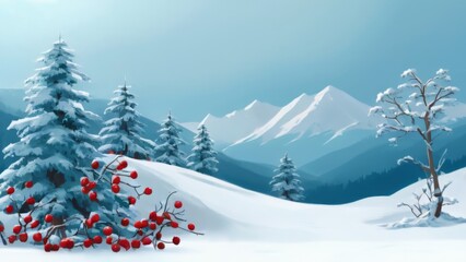 Obraz premium Winter Wonderland: Digital Illustration of Snowy Landscape with Mountain Range, Snow-Covered Trees, and Floating Snowballs in Light Blue Background