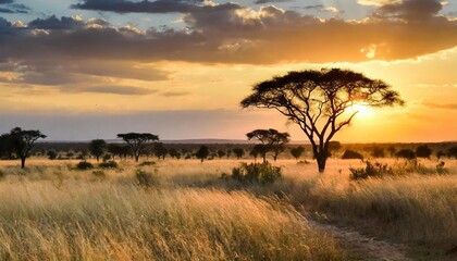 Fototapeta premium Expansive Savannah Stretching Under a Golden Sunset, With Tall Grasses Blowing in the Gentle Wind and Acacia Trees Silhouetted Against the Glowing Horizon