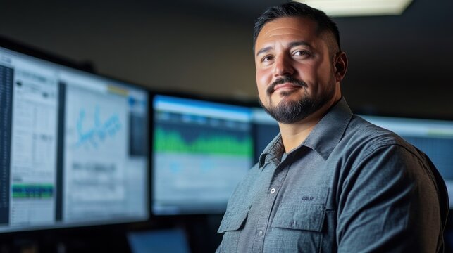 A close-up portrait of a delivery manager standing inside a fleet operations control room, reviewing route optimization data on a