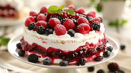Raspberry jam spreads atop a berry cream cake